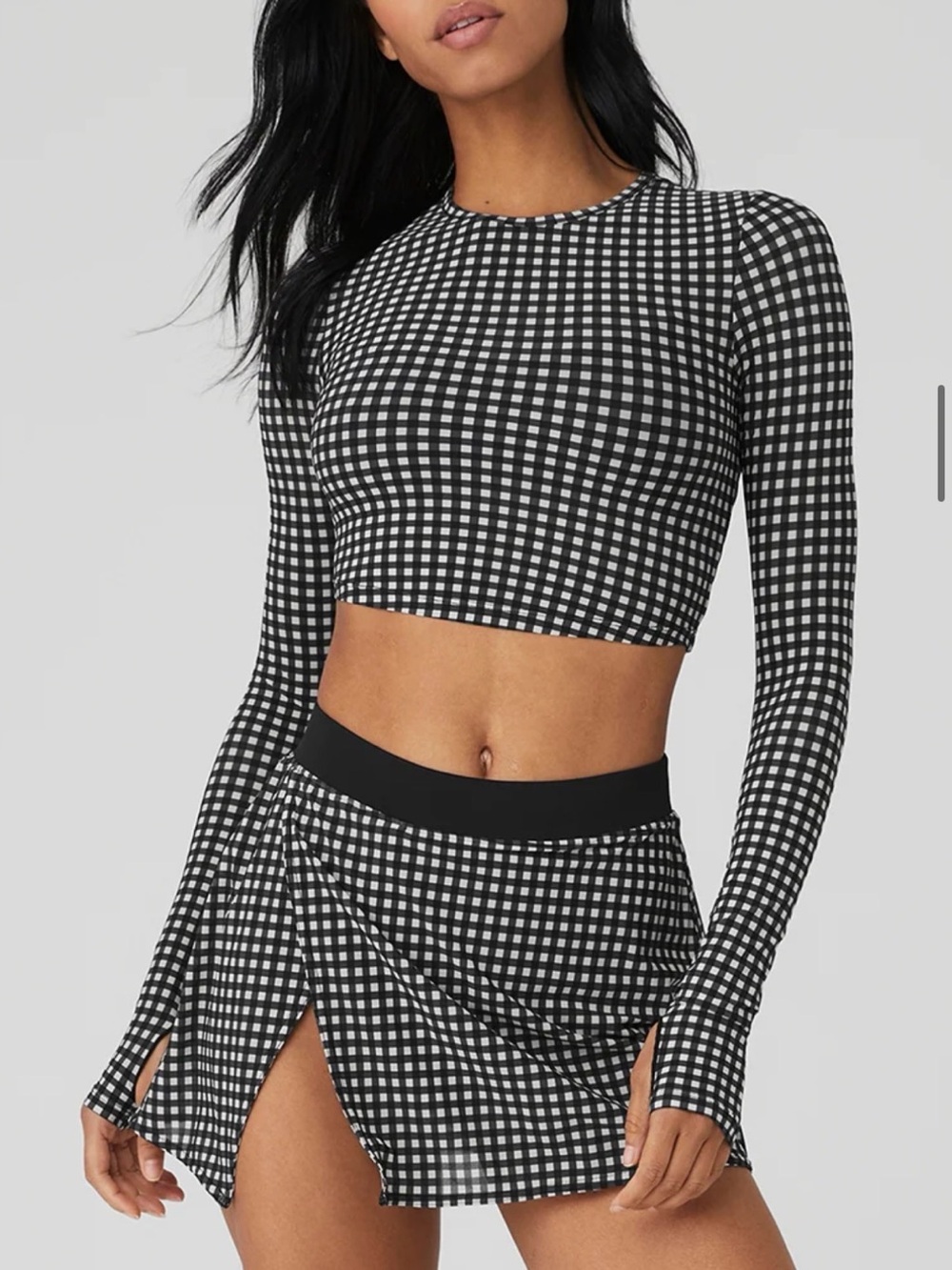 ALO Yoga Black & White Gingham Mesh Active Skirt Set